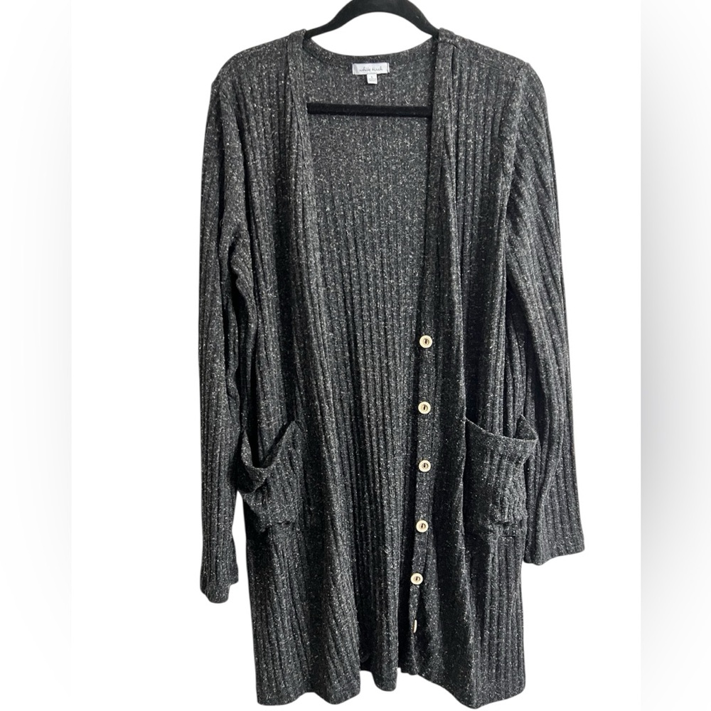 White Birch Long Sleeve Long Cardigan with Button Details in Black/Charcoal